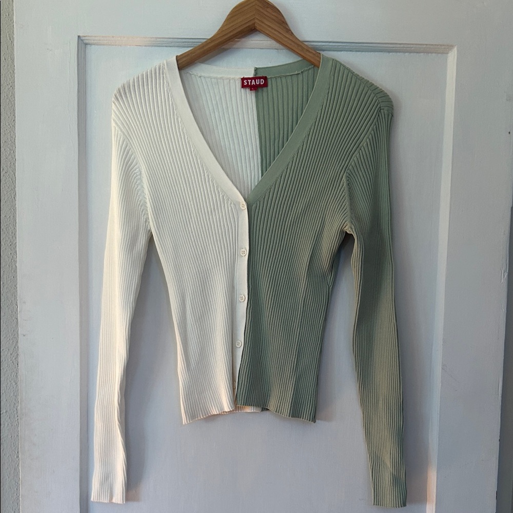 STAUD Ribbed Cardigan in Cream and Green